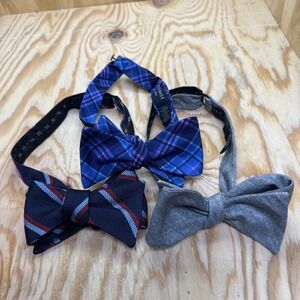 Ted Baker Bow Tie Lot of 3 Silk Cotton Blend Blue Gray Plaid Adjustable‎ Wedding